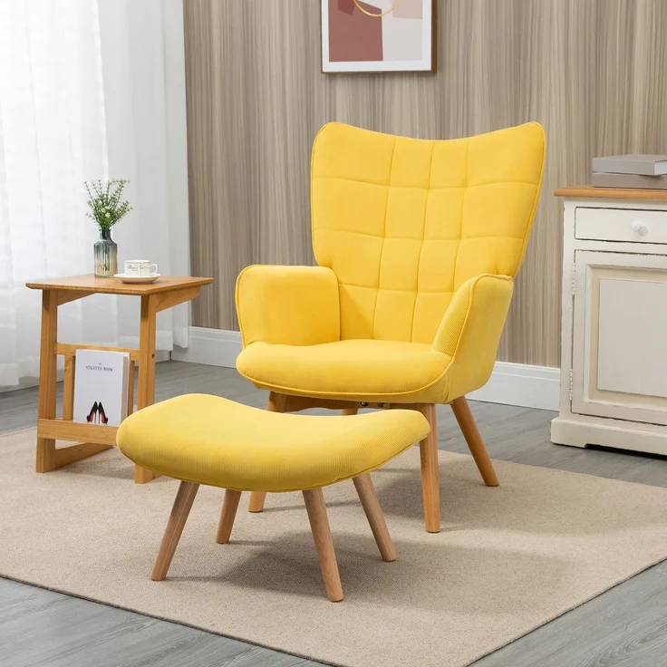Relaxsessel Loungesessel Ohrensessel mit Hocker in Gelb, Armlehnstuhl mit Holzbeinen, Cord-Optik für gemütliches Sitzen--Gelb--72x80x101cm--YOUDENOVA – Bild 2