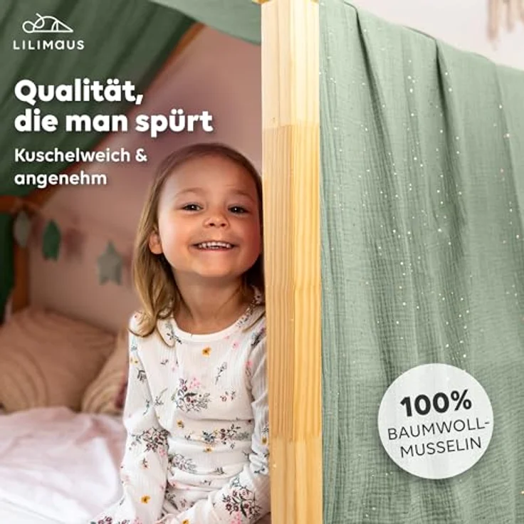 lilimaus Betthimmel Musselin Hausbett Himmel Kinderzimmer Baumwolle mit Gold 2er Set, Gemütlicher Baldachin aus Baumwolle für traumhafte Kinderzimmer-Deko – Bild 3