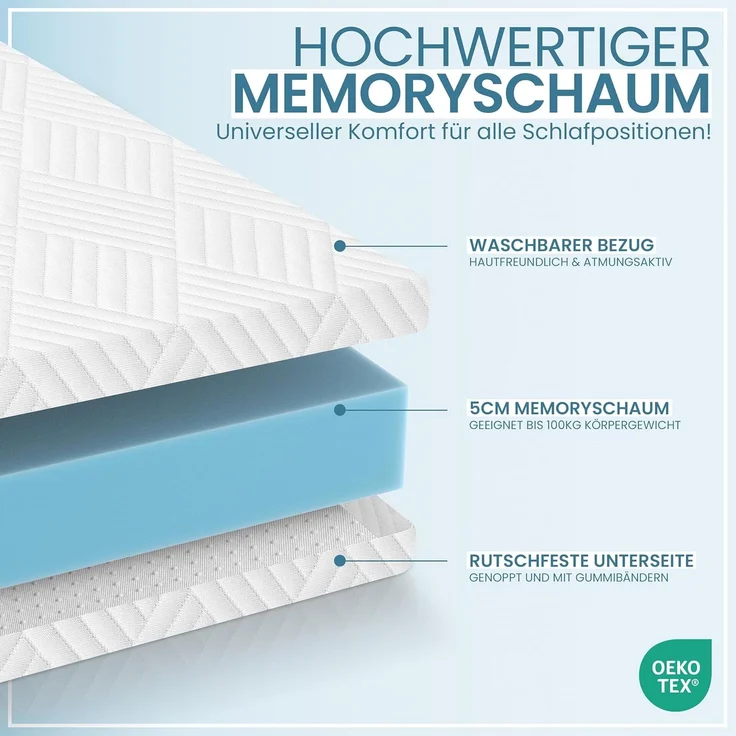 Gentle North, Topper Memory Schaum Topper 5/7 cm - Matratzentopper, 5 cm hoch, Memoryschaum, ergonomisch, rutschfest, schadstoffgeprüft – Bild 3