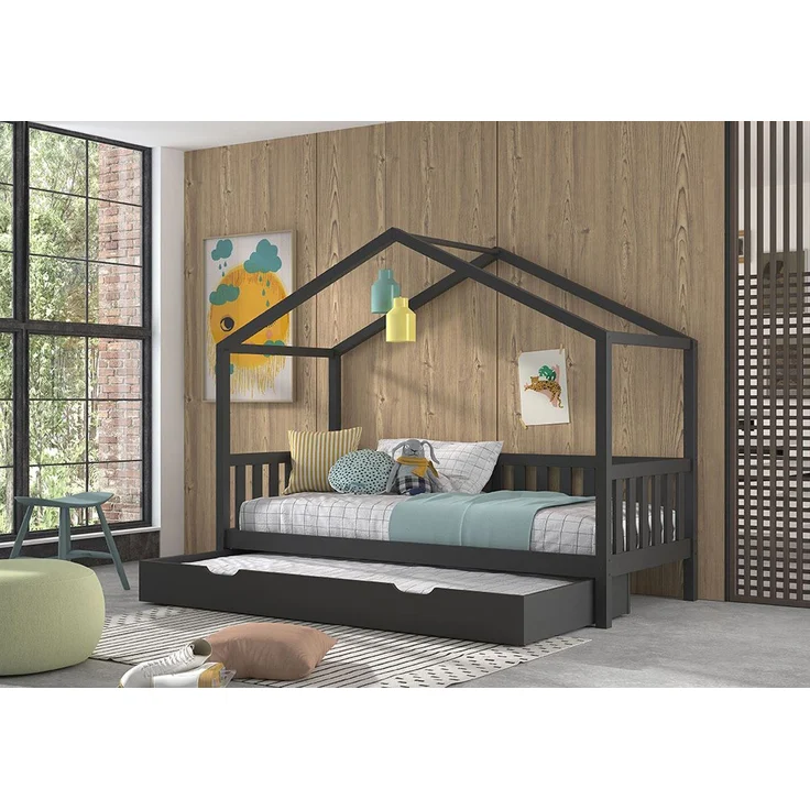 Hausbett Kapua 210x97x170 Kinderbett Massivholz Anthrazit – Bild 3