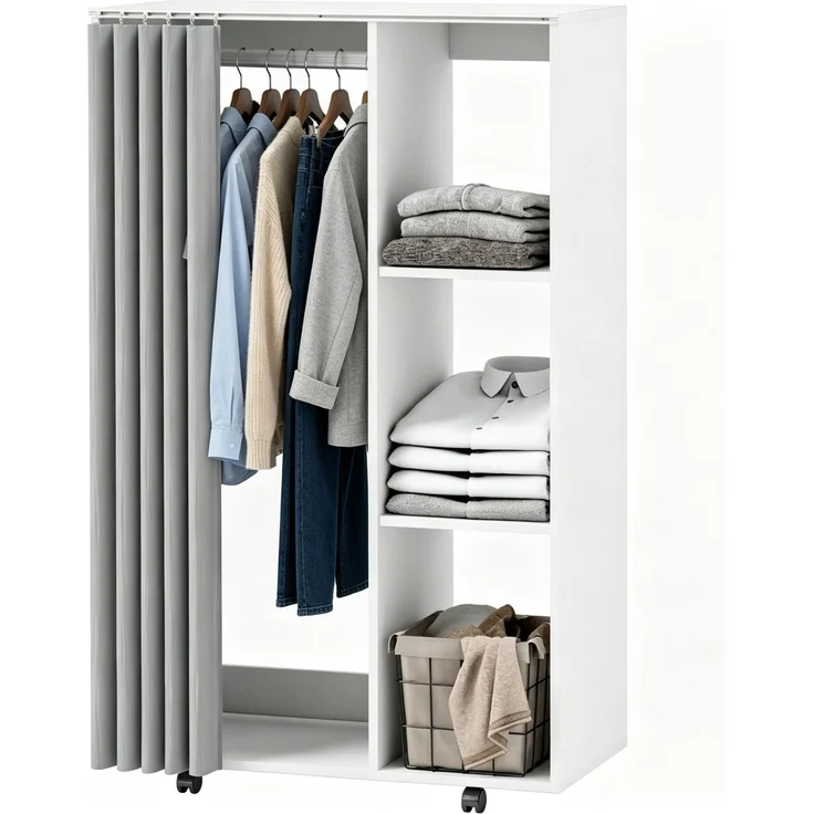 Kleiderschrank rollbarer Garderobenschrank mit 4 Rollen, Kleiderstange und offenen Ablagefächern--Weiß--80x40x128cm--YOUDENOVA – Bild 5