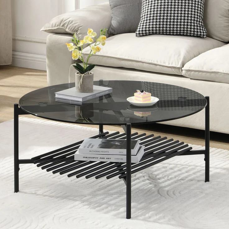 FINEBUY Couchtisch FB111842 Wohnzimmertisch Glas Metall 80 cm Schwarz Rund Sofatisch (Sofatisch Glas Rund 80 cm Schwarz Industrial), Wohnzimmertisch mit Ablage, Metallgestell Modern – Bild 1