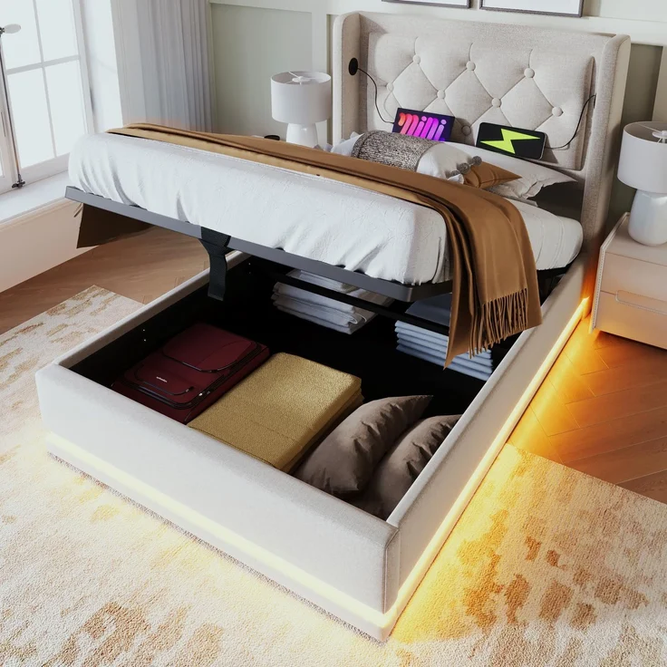 Ball & Cast Polsterbett Einfachbett (90x200 cm) - Mit USB-Anschlüssen & Lichtleiste, Hydraulisches Stauraumbett mit Lattenrost, Einfache Montage, Beige, Ohne Matratze
