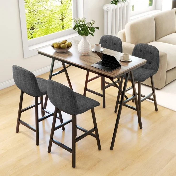 Esstisch-Set 120x60x91 cm in Dunkelgrau, 5-teilig mit gepolsterten Barhockern – Bild 4