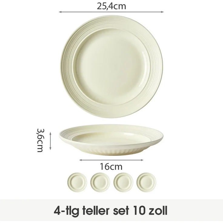 JIWOO Teller 4er Ø25cm, Frühstücksteller Salatteller Steakteller Dessertteller, (4 St), Keramik Tellerset Beige Mikrowellen spülmaschinenfest Ø25,4cm – Bild 1