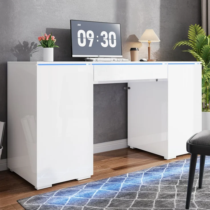 ZUBALIYA 140x50cm großer Schreibtisch in Hochglanz, mit LED-Beleuchtung, 1 Schublade und 2 Türen, moderner Computertisch mit extra großer Arbeitsfläche, Schminktisch mit Stauraum, in Weiß-Hochglanz – Bild 2