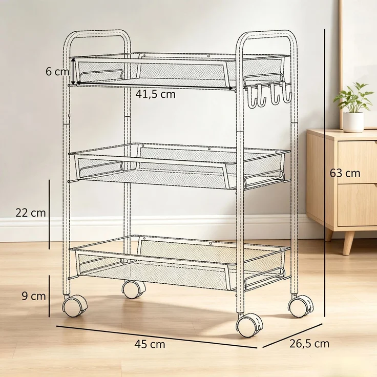 Dreistufiger Rollwagen mit Netzkörben und Haken,Moderner Aufbewahrungswagen,Vielseitiger Küchenwagen,Eleganter Rollregalwagen (nur mit Aufbewahrungswagen)--Schwarz--45x26.5x63cm--YOUDENOVA – Bild 4