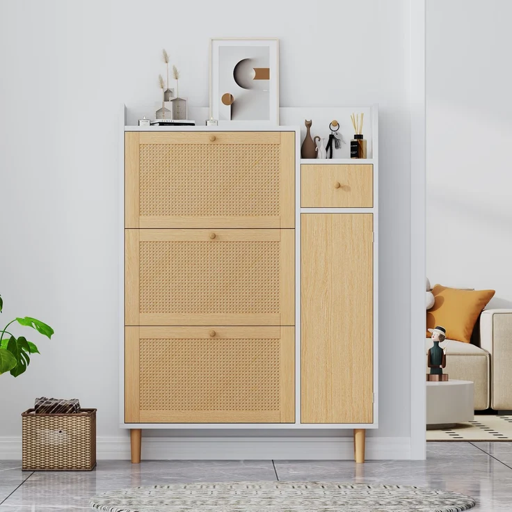 Merax Schmal Schuhschrank mit 3 Klappen, Rattan Schuhschrank Schuhkipper mit Schublade und Tür, Schuhkommode mit Verstellbarer Ablage, Weiß – Bild 3