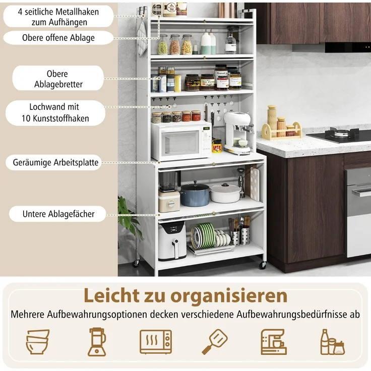 Küchenschrank mit 6 Ebenen Buffet-Schrank mit Regal freistehendes Backregal mit Stauraum Weiß – Bild 5