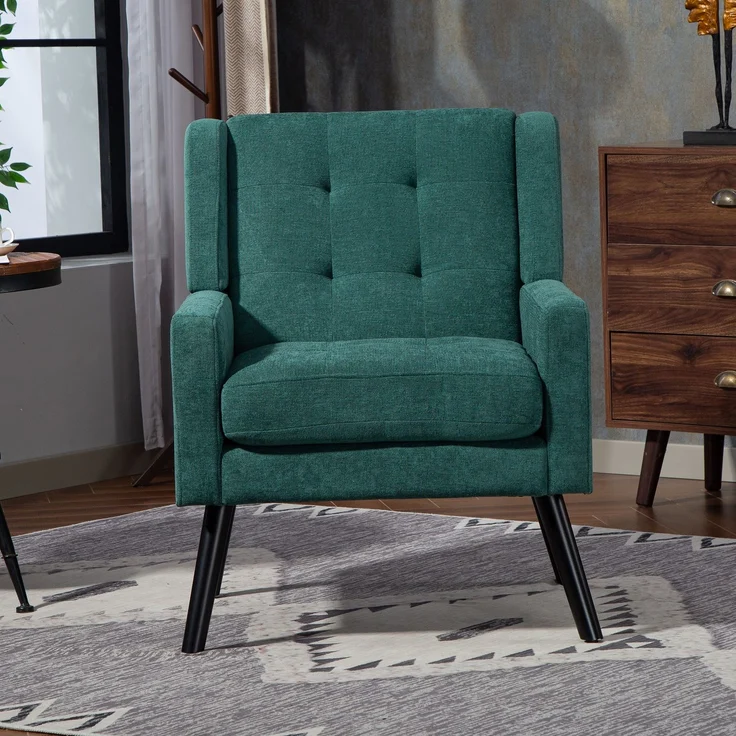LVHOM Sessel aus Leinenstoff mit Knopfsteppung, Relaxsessel mit Massivholzbeinen, Polstersessel für Wohnzimmer & Büro, bis 130kg, Grün – Bild 6