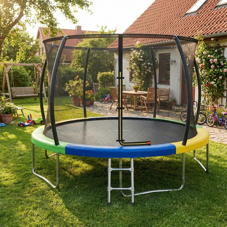 Devoko Gartentrampolin mit Sicherheitsnetz, Leiter, Randabdeckung, Stahlrahmen, Grün, Ø 360 cm – Bild 2