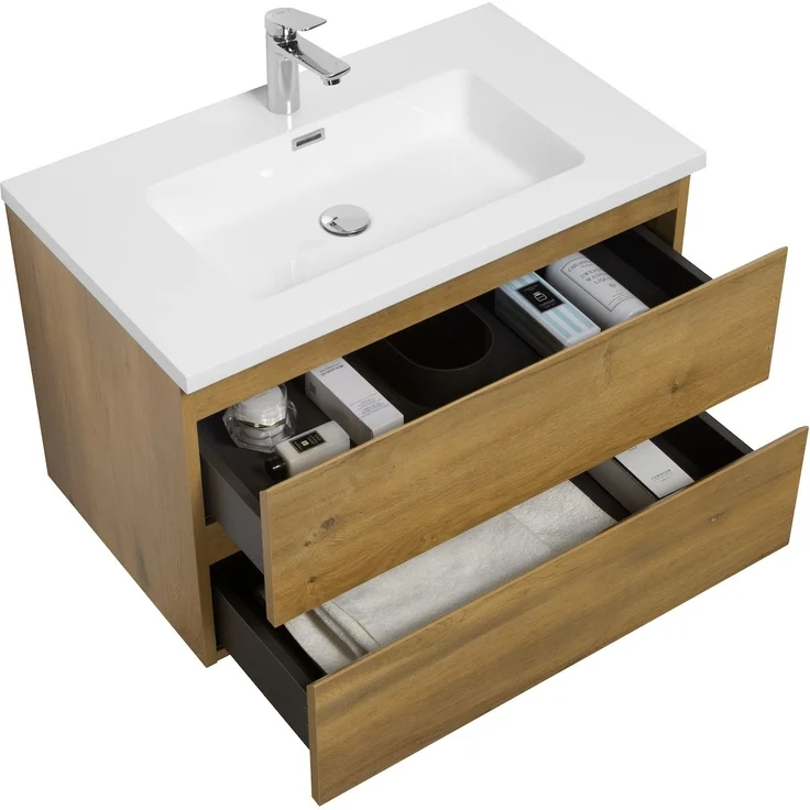Badplaats Badmöbel Set mit Waschbecken und Unterschrank Angela 80 x 48 cm Eiche - Waschbeckenunterschrank mit Soft-Close und Waschbecken, Vorgemontiert – Bild 4