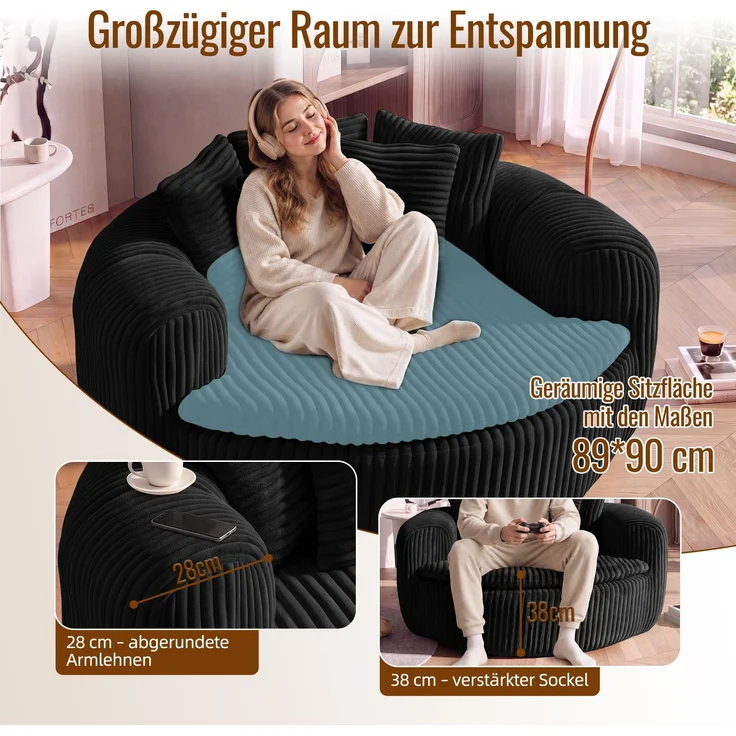 Abrihome Sitzsack mit Armlehnen und Rückenkissen, Schwarz, 145x133x59 cm – Bild 5