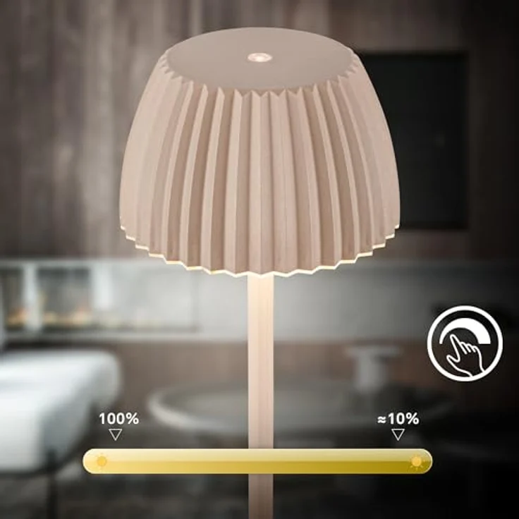 BRILONER - Riffle LED Stehlampe kabellos IP44 mit Touch, 19x124 cm, dimmbar, Memoryfunktion, Akku tauschbar, Akku Stehleuchte, Leselampe, Wohnzimmerlampe, German Design Award Winner 2025, Beige – Bild 9