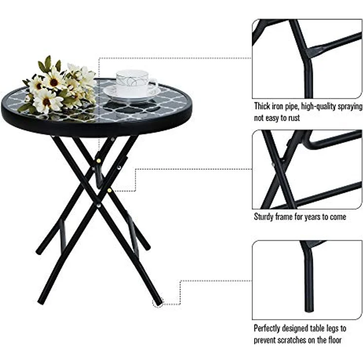 PHIVILLA Klappbar Runder Beistelltisch Glas aus Metall Gartentisch Kaffeetisch Klein Balkontisch wetterfest pflegeleicht für Balkon Garten Terrasse Wohnzimmer – Bild 7