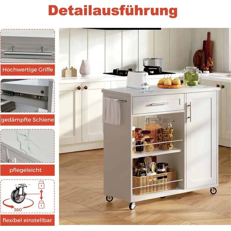 Küchenwagen 90 x 62 x 90 cm mit Marmor-Optik Arbeitsplatte, Schublade, Schrank, 2 offenen Regalen, Handtuchhalter, feststellbaren Rollen, Weiß – Bild 5
