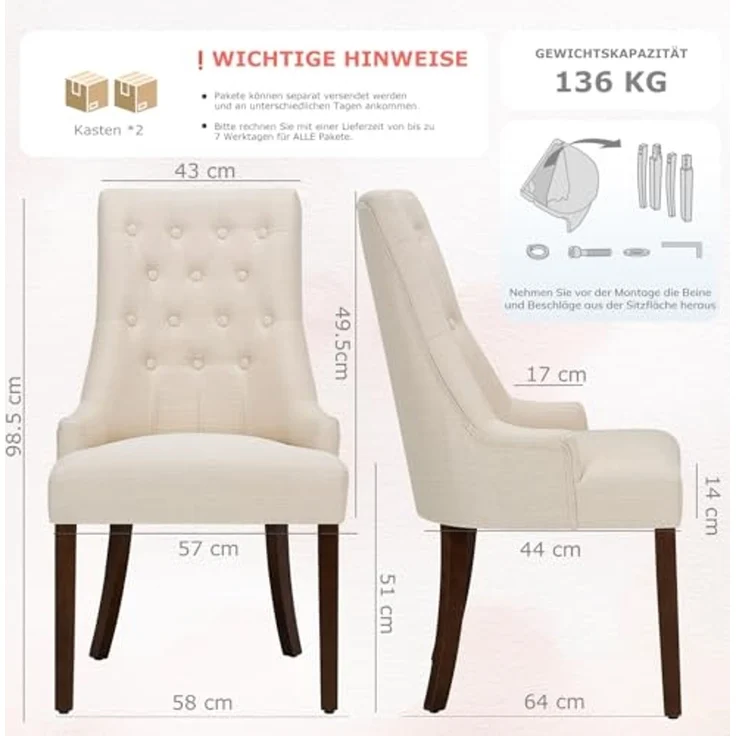 COLAMY Esszimmerstühle 4er Set, Moderne Küchenstuhl Gepolsterte Esszimmerstühle im Wingback, Polsterstuhl Wohnzimmerstuhl mit Knopfsteppung für Esszimmer, Küche, Restaurant mit Holzbeinen, Beige – Bild 2