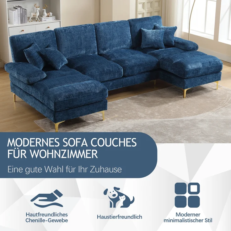LVHOM Loungesofa 272x136x88 cm, 4-6 Personen, 6-Sitzer Chenille U-Shape Sektionssofa/Modulares Sofaset/Schlafsofa/Ecksofa/Relaxliege – Bild 3
