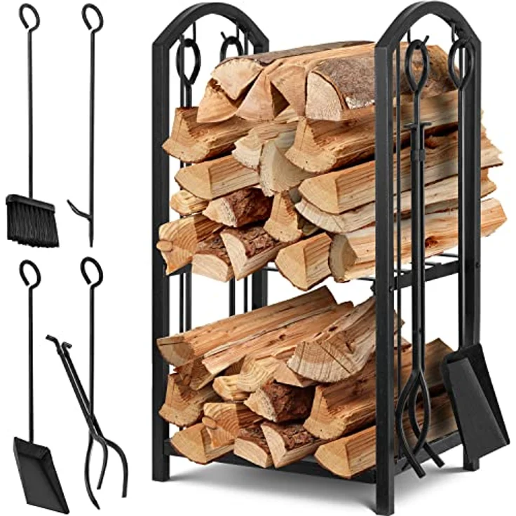 KESSER® Kaminholzregal 5-teiliges Set Kaminholzständer Feuerholzablage Brennholzregal Innen und Aussen Metall 2 Ebenen mit 4 Kaminwerkzeug für Kamin & Ofen, Stahl 40 x 30 x 74,5 cm Verstellbare Schwarz – Bild 2