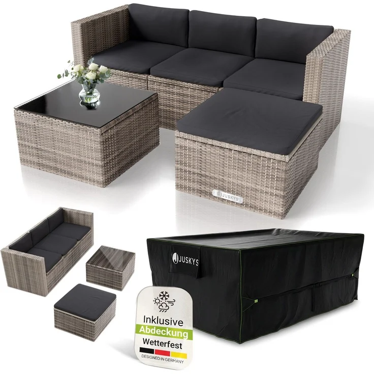 Juskys Polyrattan Lounge Punta Cana M grau-meliert inkl. Abdeckung – Gartenlounge für 3-4 Personen – Sitzgruppe mit Sofa, Tisch & Hocker - Sitzbezüge Dunkelgrau – Bild 1