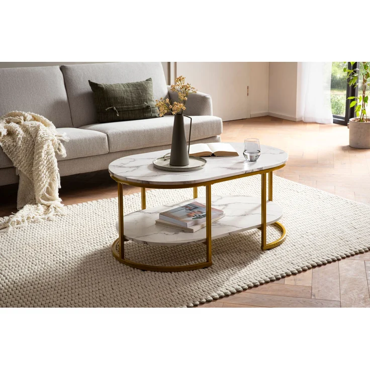 Couchtisch 100x60x45 cm Weiß mit Marmor Optik, Design Wohnzimmertisch Rechtec... – Bild 2