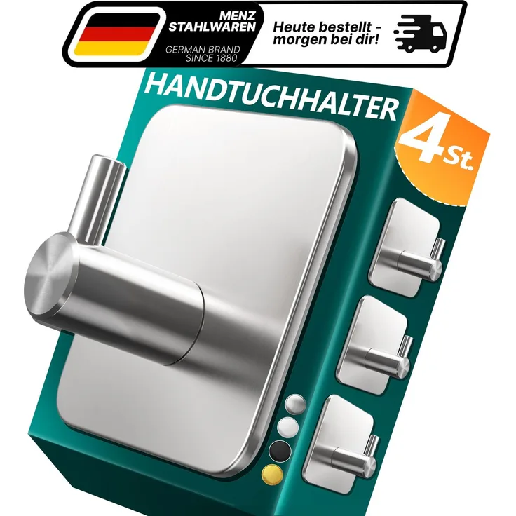 Lindenstein Handtuchhaken 4er-Set Silber – Edelstahl V2A, selbstklebend mit 3M-Pads