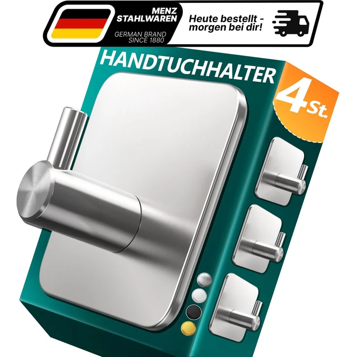 Lindenstein Handtuchhaken 4er-Set Silber – Edelstahl V2A, selbstklebend mit 3M-Pads – Bild 1