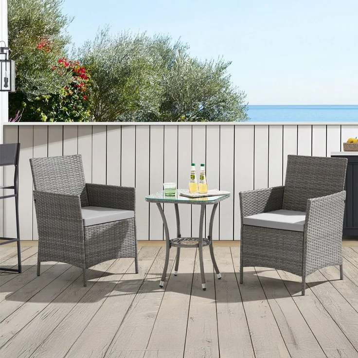 SVITA Balkonset BROOKLYN BISTRO, (Set (3-tlg), 1 Tisch, 2 Stühle), Sitzgruppe, Polyrattan, inkl. Kissen, Grau
