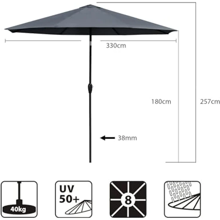 Sekey Alu-Sonnenschirm 330cm Sonnenschirm Gartensonnenschirm mit UV-Schutz，Windfester Sonnenschirm mit Kurbel für Balkon Garten & Terrasse Sonnenschutz UV 50+ – Bild 8
