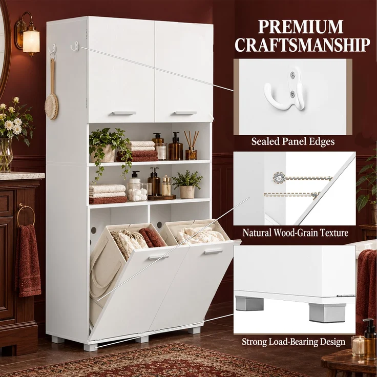 Halupeit Weißer Badezimmer-/Waschraumschrank mit Wäschekorb und verstellbaren Einlegeböden. 80,5 × 40,5 × 170,5 cm – Bild 6