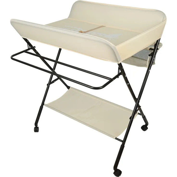 Wickelkommode Klappbar Babypflegetisch mit Sicherheitsgurt Ablagefächern, Babybett mit Wickelkommode, Baby Stilltisch Platzsparend & Stabil-80 * 66 * 98cm (beige)
