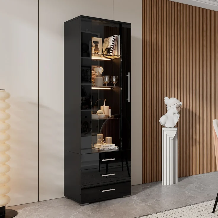 Schwarz Hochglanzvitrine, Vitrine Glasvitrine , Standvitrine mit LED-Beleuchtung, Vertikale Vitrine mit 3 Schubladen, 60*35*180cm--Schwarz--60x35x180cm--YOUDENOVA – Bild 2