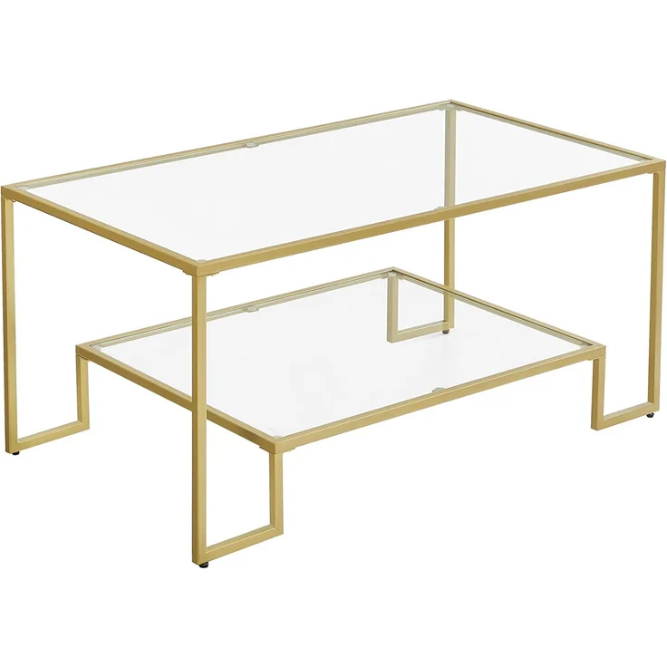 VASAGLE Couchtisch, Glastisch, Wohnzimmertisch, 2 Ablagen aus Hartglas, Stahlgestell, 100 x 55 x 45 cm, Dekoration, für Wohnzimmer, goldfarben – Bild 1