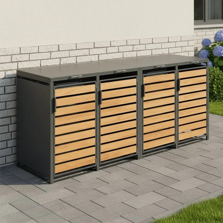 STEELSØN 'Kestra' Mülltonnenbox 4er je 240 Liter, anthrazit mit Holzoptik, Mülltonnenverkleidung aus Stahl, wetterfest, 116x80x268 cm, Müllbox für 4 Tonnen – Bild 2