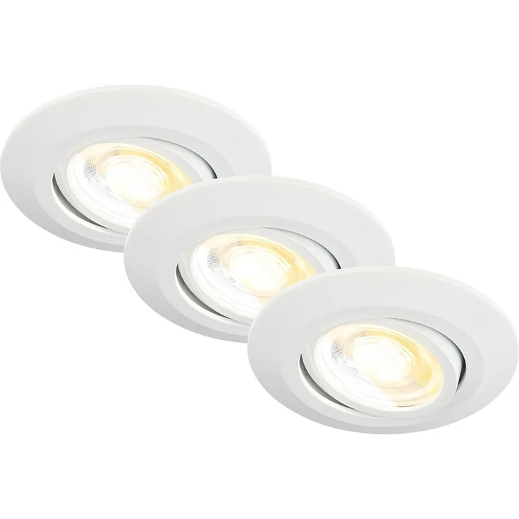 BRILONER - 3er Set LED Einbaustrahler 230V Gehäuse 50% recycelt, Schwenkbar, Ra90, Farbtemperaturwechsel, LED Spot, flach, Deckenspots, Einbauleuchten, 68mm Lochmass, 90x24 mm (DxH), Weiß