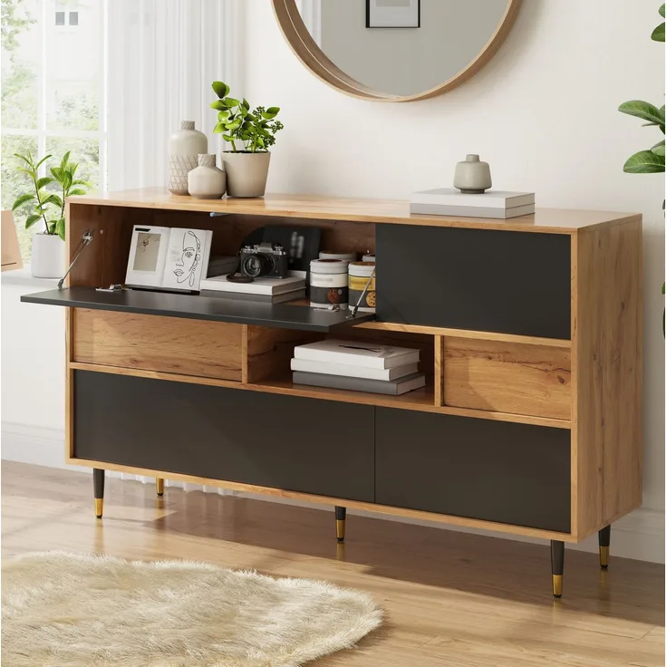 Sideboard aus MDF und PB mit 2 Schubladen, Klapptüren & offenem Fach, 140 x 40 x 84,5 cm, Natur/Schwarz