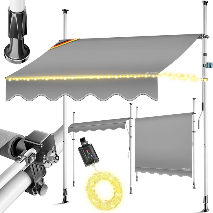 KESSER® Klemmmarkise mit Handkurbel & LED Lichterkette | Balkonmarkise ohne Bohren | Markise UV-beständig höhenverstellbar & wasserabweisend | Sonnenschutz für Balkon Terrasse & Garten Grau, 300cm – Bild 1