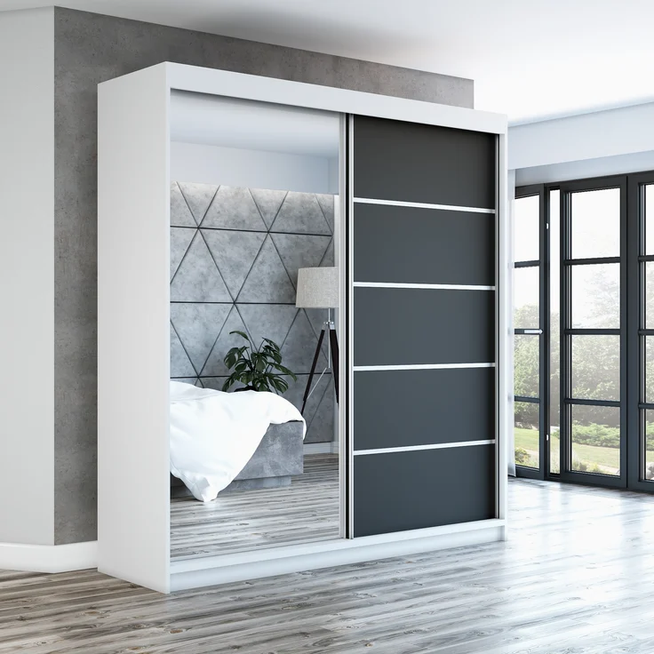 Schwebetürenschrank GAP 2-türig Schrank 180 cm (mit Spiegel) Farbe: Weiß , schwarz – Bild 2