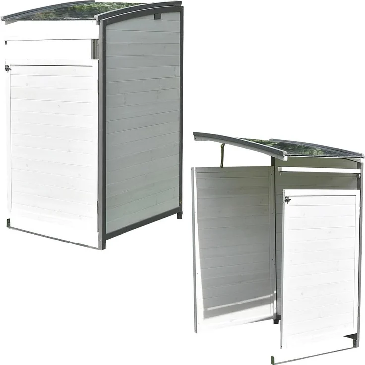 Mülltonnenbox Doppelbox Mülltonnenverkleidung Anbaubox Weiß Grau Mülltonne 240L Gartenbox Anbaubox Holz Anbau Deckel Grau Weiß Zinkdach – Bild 1
