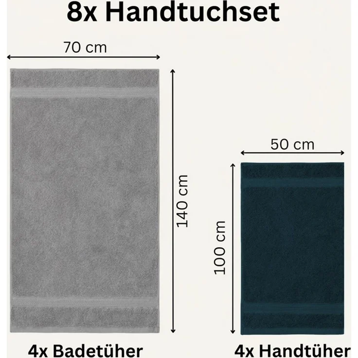 Komfortec Handtuch Set aus 100% Baumwolle, 4 Handtücher 50x100 cm und 4 Badetücher 70x140 cm, Frottee (Packung, 8-St), Duschtücher & Badehandtuch, Weich, Towel, Groß – Bild 3