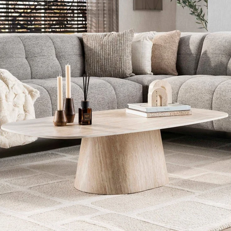 alesvelt Couchtisch CENTRO TRAVERTINO Dänisch-Ovaler Keramik-Couchtisch im Monolith-Design (1-Tisch), 135x70x35 cm Keramik, Travertin-Design – Bild 1