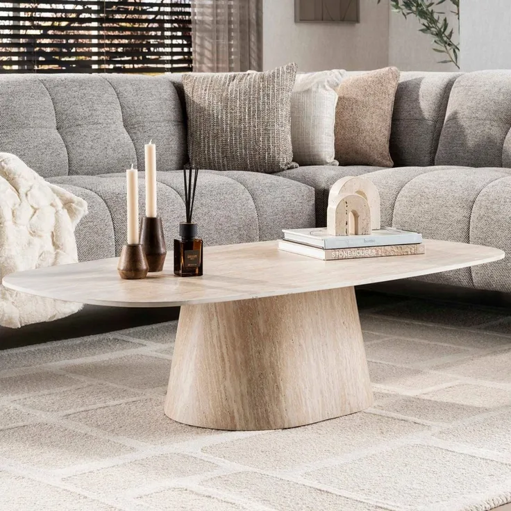 alesvelt Couchtisch CENTRO TRAVERTINO Dänisch-Ovaler Keramik-Couchtisch im Monolith-Design (1-Tisch), 135x70x35 cm Keramik, Travertin-Design