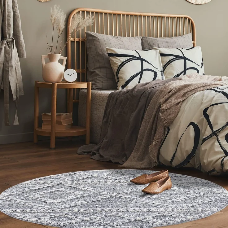 Teppich Rund - Hochflor - Boho - Pastellgrau Creme - 200x200cm - Modern Raute Muster - Skandinavisch Flauschig Weich - Wohnteppich Schlafzimmer Dekoration – Bild 5