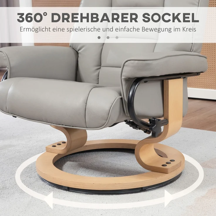 HOMCOM Relaxsessel mit Hocker, Kunstleder, Holz, Grau, 76L x 85B x 104H cm – Bild 5