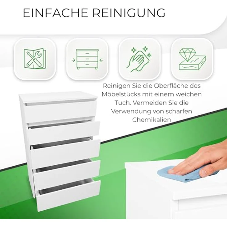 CDF Kommode Malwa M5 | Farbe: Weiss | Schrank für Dokumente, Kleinigkeiten | Ideal für Wohnzimmer, Schlafzimmer, Kinderzimmer, Jugendzimmer und Büro | 5 geräumige Schubladen – Bild 7
