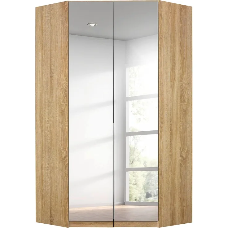 Rauch Möbel Alabama Eckschrank Schrank Kleiderschrank Eiche Sonoma mit Spiegel, 2-türig, Inklusive Zubehörpaket Basic, 1 Kleiderstange, 12 Einlegeböden, BxHxT 117 x 210 x 117 cm