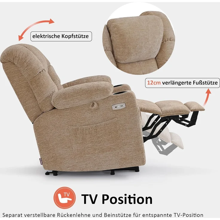 M MCombo Fernsehsessel mit Aufstehhilfe Elektrisch 7550, 3 Motoren, Rückenlehne & Beinstütze Getrennt Verstellbar, Relaxsessel mit Liegefunktion bis 170° (Chenille, Beige) – Bild 4