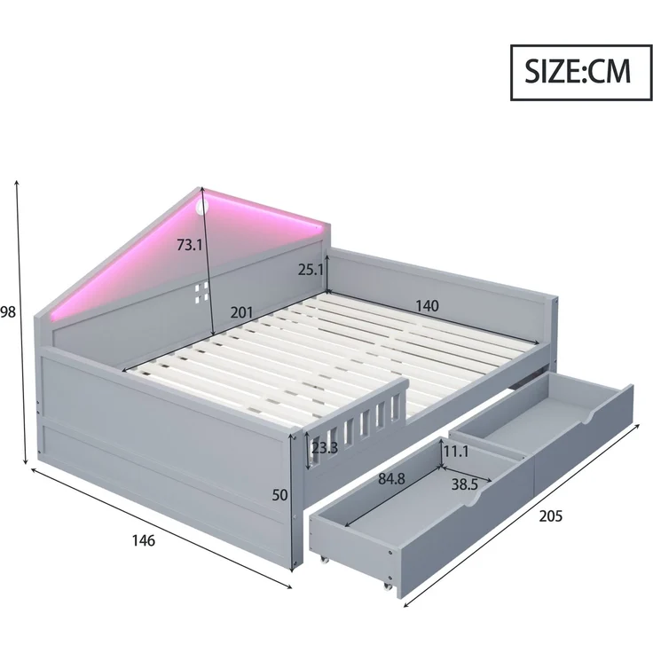 Einzelbett 140x200 cm mit LED und 2 Schubladen – Grau, Ohne Matratze – Bild 4