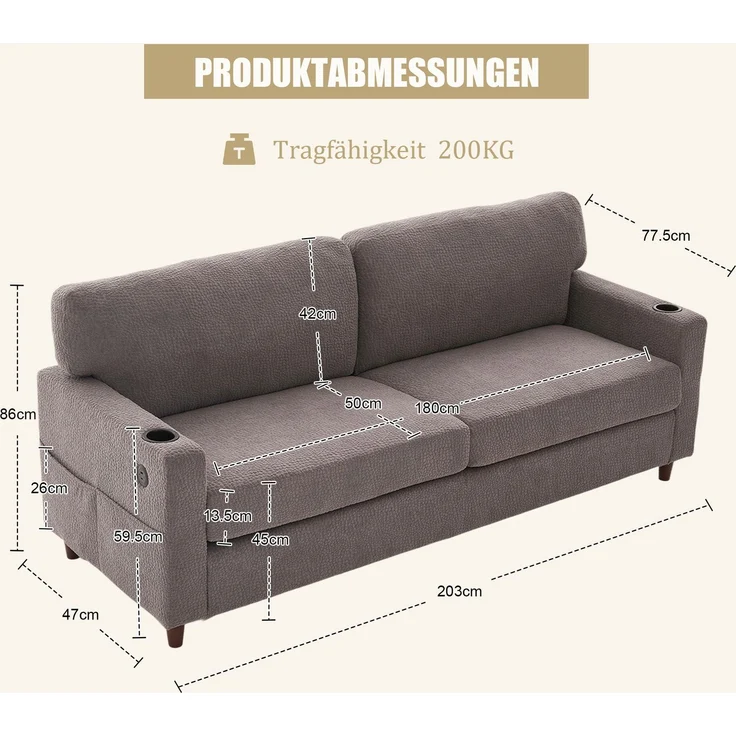 Zweisitzer-Sofa Chenille-Bezug, extraweiche Polsterung & hochverdichteter Schaumstoff, USB‑C, dimmbare LED‑Leiste,hellgrau – Bild 9