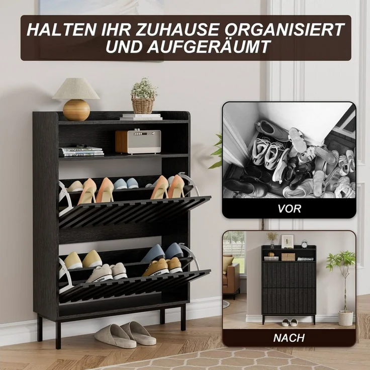 UEV Schuhschrank mit 2 Klappen Schuhregal Schukipper schmal platzsparend (Modern Schuhaufbewahrung mit Oberplatte Platzsparend, Anti-Kipp-Vorrichtung für Eingangsbereich Flur Diele) verstellbare Trennwand für verschiedene Schuhtypen – Bild 4